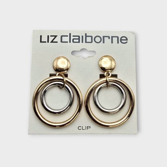 Liz Claiborne Gold Silver Double Hoop Clip-On Earrings NWT – Retro 80s 90s - Picture 4 of 7